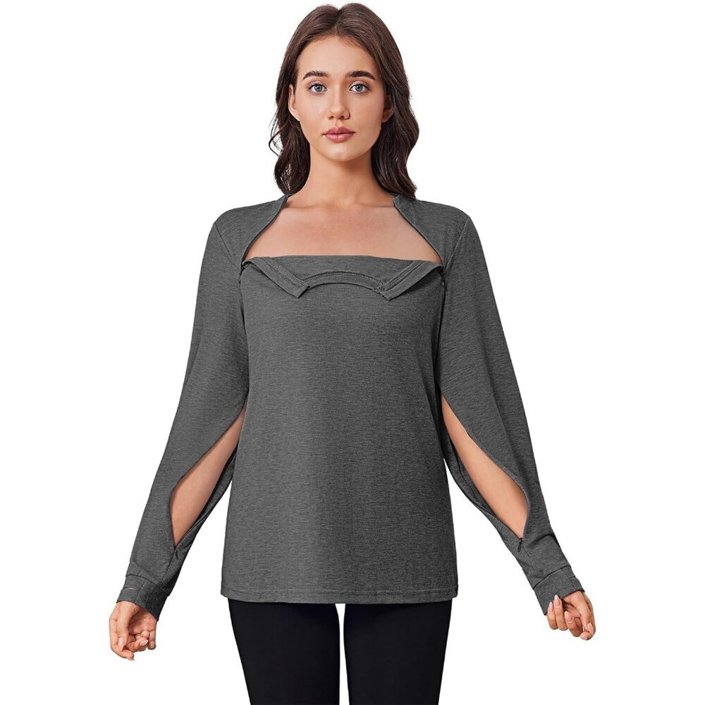 Women’s Chemo Recovery Shirt Long Sleeve Zipper Port Access Soft Durable